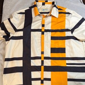 Men's Casual Colorblock Button-Down Shirt — Orange, Black & Cream